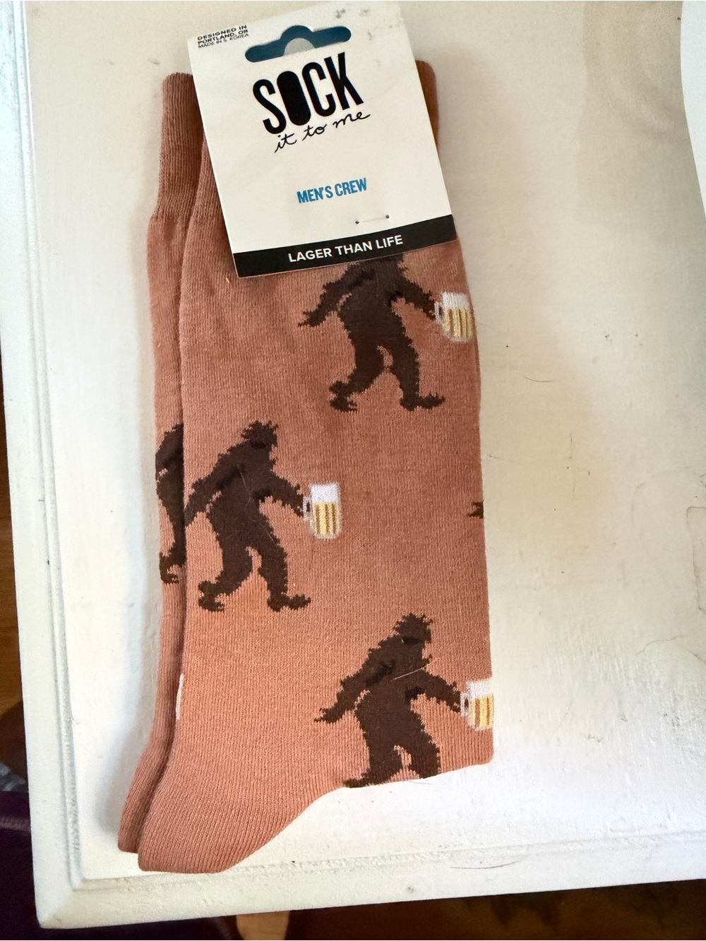 Sock It To Me Men's Crew Socks in Rust Brown with Sasquatch & Beer Motif
